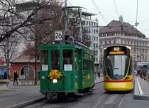 Basler Verkehrsbetriebe/BVB.
100 JAHRE Be 2/2 156.
Am Montag, 27.01.2020, feierte der  Motorwagen „Zum Sod“ seinen 100. Geburtstag. Aus diesem Anlass verkehrte er an seinem Ehrentag zwischen 12 und 18 Uhr als Oldtimerlinie 26 zwischen MParc und Badischer Bahnhof.
Foto: Walter Ruetsch
