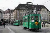 Basler Verkehrsbetriebe/BVB.
100 JAHRE Be 2/2 156.
Am Montag, 27.01.2020, feierte der  Motorwagen „Zum Sod“ seinen 100. Geburtstag. Aus diesem Anlass verkehrte er an seinem Ehrentag zwischen 12 und 18 Uhr als Oldtimerlinie 26 zwischen MParc und Badischer Bahnhof.
Foto: Walter Ruetsch
