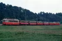 WALDENBURGER BAHN/WB.
GROSSER ZUG AUF KLEINER BAHN.
Mit etwas Fotografenglück erwischte man auch ab und zu einen langen Zug auf der  KLEINEN BAHN .
Regionalzug bestehend aus sieben Elementen im Juni 1980 zwischen Niederdorf und Hölstein auf der Fahrt von Waldenburg nach Liestal. Besondere Beachtung gilt den BDe 4/4 Motorwagen an beiden Enden dieses Zuges sowie den Wagen mit offenen Blattformen.
Foto: Walter Ruetsch