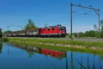 Richtung Romanshorn zieht Re 420 255-2 einen Schiebewandwagen-Ganzzug am 01.06.2019 an der Freizeitanlage 'B�dli' in Riedt bei Erlen vorbei.