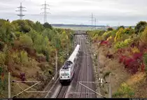 147 562-3 DB als IC 2065 (Linie 61) von Karlsruhe Hbf nach Nürnberg Hbf fährt bei Markgröningen bzw. Schwieberdingen auf der Schnellfahrstrecke Mannheim–Stuttgart (KBS 770).
Aufgenommen von einer Brücke.
[26.9.2019 | 10:00 Uhr]
