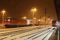 Im dichten Schneetreiben des 28.2.2020 brachte die 1116 163 die ROLA41408 von Spielfeld-Straß nach Selzthal und erhielt hier die im Bild zu sehenden 1144 090 als Schubunterstützung bis Spital am Pyhrn.
