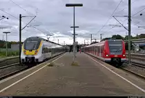 Während 8442 811 und 8442 808 (Bombardier Talent 2) der Abellio Rail Baden-Württemberg GmbH als RB 19517 (RB17a) von Pforzheim Hbf bzw. RB 19617 (RB17c) von Bruchsal nach Stuttgart Hbf den Bahnhof Stuttgart-Zuffenhausen auf Gleis 5 durchfahren, verlassen 423 501-6 und 423 ??? der S-Bahn Stuttgart als S5 von Stuttgart Schwabstraße nach Bietigheim-Bissingen das Gleis 4.
[26.9.2019 | 13:08 Uhr]