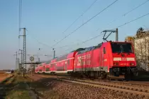 Nachschuss auf die Freiburger 146 222-5  25 Jahre RAB , als diese am Nachmittag des 29.03.2019 im Licht der untergehenden Sonne ihre RB (Basel Bad Bf - Offenburg) durch den Haltepunkt von Auggen in Richtung Müllheim (Baden) schob.