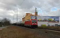 187 133 führte am 01.03.20 einen gemischten Güterzug vorbei am Landsberger Claas-Werk Richtung Bitterfeld.