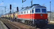 DB Cargo AG mit  232 105-7  [NVR-Nummer: 92 80 1232 105-7 D-DB] und Kesselwagenzug (Kreideschlamm) Richtung Schwedt am 05.03.20 Durchfahrt Bf. Flughafen Berlin Schönefeld. 