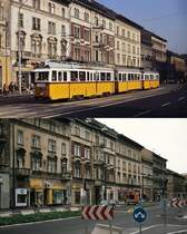Die Straßenbahn Budapest Einst & Jetzt: Im Oktober 1978 nähert sich ein Uv-Dreiwagenzug, vorne Uv5 3896, auf der Thököly utca dem Baross ter, unten eine Aufnahme vom 08.06.2011 vom gleichen Standpunkt. Augenscheinlich waren die Gebäude 1978 in einem besseren Zustand als 2011...