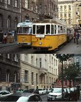 Die Straßenbahn Budapest Einst & Jetzt: Bis zur Eröffnung der Metrolinie M3 im Jahre 1990 verbanden zahlreiche Straßenbahnlinien den Stadtteil Ujpest mit dem Moskva ter unweit des Westbahnhofes. Der Endpunkt der Straßenbahnen lag unweit des Moskva ter (heute Nyugati ter) in einer Seitenstraße, der Kadar utca. Im Oktober warten dort der F/F1 1634 und der Gelenkwagen FVV CS 1117 auf Fahrgäste. Die Triebwagen der Reihe F/F1 basieren auf einer Konstruktion von 1896/97 und erhielten 1956 einen Stahlaufbau. Die letzten Fahrzeuge dieses Typs wurden erst 1981 abgestellt und überlebten damit die wesentlich jüngeren FVV CS (Baujahr 1961) um zwei Jahre. Im Juni 2011 erinnert hier nichts mehr an die Straßenbahn.