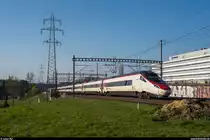 SBB RABe 503 als EC Basel - Brig am 9. April 2020 im Löchligut.