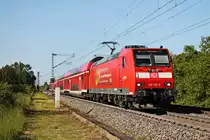 Ausfahrt am Nachmittag des 23.05.2019 von der Freiburger 146 110-2  Müllheim (Baden) mit ihrer RB (Offenburg - Basel Bad Bf) aus dem Haltepunkt von Buggingen in Richtung Müllheim (Baden). Kurz zuvor wurde die 146 110-2 im AW Dessau auf neue ZZA und zusätzliche grüne Dosen an der Front umgebaut, da die Lok irgendwann mal nach Münster (Westf.) umbeheimatet wird, wo diese Ausrüstung dann erforderlich ist.
