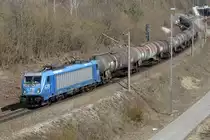 LTE 187 932-8 befährt mit ihren Kesselwagen die nördl. Umgehung des Rangierbahnhofs München Nord, 03.04.2020