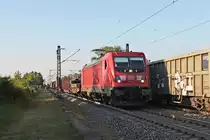 Mit einem gemischten Güterzug (Mannheim Rbf - Basel Bad Rbf) fuhr am Abend des 23.05.2019 die 187 127 südlich vom Haltepunkt Buggingen über die KBS 703 durchs Markgräflerland in Richtung Schweizer Grenze.
