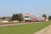 Am 10.4.2015 schiebt die GKB 1500.4 den R8567 mit dem Steuerwagen 86-29 203 an der Spitze Richtung Wies-Eibiswald hier kurz vor dem Bahnhof Frauenthal-Bad Gams.
