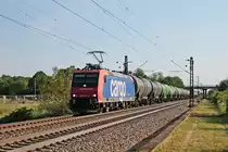 Mit einem leeren Kesselzug aus Glattbrugg (CH) fuhr am Nachmittag des 24.05.2019 die Re 482 002-3 südlich vom Haltepunkt Buggingen über die KBS 703 durchs Markgräflerland in Richtung Freiburg (Breisgau).
