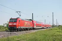 Nachschuss auf die Freiburger 146 111-0  Baden Württemberg erfahren , als diese am Morgen des 25.05.2019 ihren RE (Basel Bad Bf - Offenburg) aus dem Bahnhof von Heitersheim in Richtung Bad Krozingen schob.
