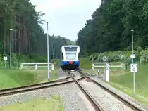 UBB 646 110-6 + 646 114-8 als UBB 29415 aus Züssow, am 14.06.2017 bei der Einfahrt in Swinoujscie Centrum. Vom Bahnsteig aus fotografiert.