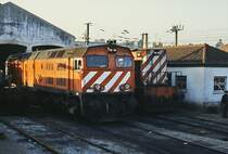 Zwei  Kanadierinnen  im April 1984 im Depot von Pampilhosa. Die CP 1967 gehört zu den 12 Lokomotiven des Typs MXS637, die Bombardier/Montreal 1979 an die CP lieferte. Daneben die CP 1561, die 1973 von den Montreal Locomotive Works (ab 1975 Bombardier) als Exportversion des bei der Canadian Railways weit bereiteten Typs MX620 hergestellt worden sind.