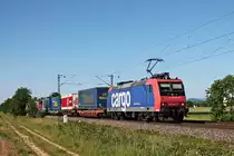 Mit einem KLV nach Italien fuhr am Nachmittag des 13.06.2019 die Re 482 024-7 südlich von Buggingen über die Rheintalbahn durchs Markgräflerland in Richtung Schweizer Grenze.