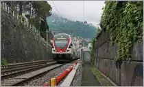 Südlich der Strecke Montreux - Clarens bei Kilometer 23.8 ist die Lärmschutzwand auf gut 50 Meter etwas versetzt und bietet einen freien Blick auf die Strecke. Im Hintergrund ist Glion zu erkennen und etwas in den Wolken die Rochers de Naye. 
Im Bild der SBB RABe 511 021 als RE nach Genève. 

6. Mai 2020