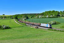 185 673 mit einem Holzzug am 12.05.2020 bei Edlhausen. 