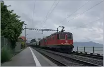 Die SBB Re 4/4 II 11322 und weiterhin die Re 4/4 II 11275 sind mit ihrem (leeren) Transit-Getreide-Blockzug von Italien auf der Rückfahrt nach Frankreich bei St-Sahorin am Genfer See unterwegs.

11. Mai 2020