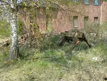 Auf der ehemaligen Ladestraße,in Gnoien,steht noch dieser Prellbock,an einem Birkenbaum.Aufnahme vom 27.April 2020.