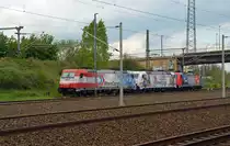 Am 03.05.20 standen die drei Werbeloks der BR 185 von Rheincargo in Bitterfeld abgestellt. Von links nach rechts warten 185 350, 185 349 und 185 340 auf dem Stumpfgleis auf ihren Werkstattaufenthalt.