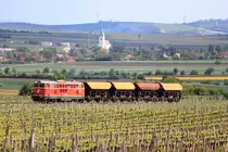Am Sonntag, den 3. Mai 2020 war die 2143.070 insgesamt vier Mal auf der Strecke des Reblausexpress unterwegs. Aus Belastungsgründen konnte auf dieser steigungsreichen Strecke 
jeweils nur vier Wagen beladen mit Gleisschotter mitgenommen werden.
Hier eine Aufnahme, die den Zug in den Retzer Weinberger auf seiner Fahrt nach Drosendorf zeigt.