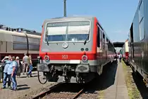 Portrait von 628 623 der WFB, als dieser am 22.06.2019 ebenfalls während des Sommerfestes des DB Museums in Koblenz Lützel auf dem Museums Gelände abgestellt stand.