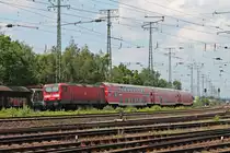 Nachschuss auf die Trierer 143 114, als diese am 22.06.2019 ihre RB 27 (Koblenz Hbf - Mönchengladbach) am Rangierbahnhof und DB Museum in Koblenz Lützel vorbei in Richtung Rechter Rheinseite schob.