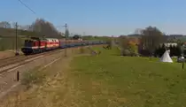 Holzzug mit 202 484 und 228 321 von CLR in Limbach/Vogtl. mit Tippi am 21.04.2020. Auf dem Weg von Freiberg Sachs nach Plattling