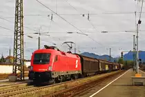 01. November 2000, die Taurus-Lok 1016 005-9 der ÖBB fährt mit einem Güterzug in Richtung Rosenheim durch den Bahnhof Freilassing 