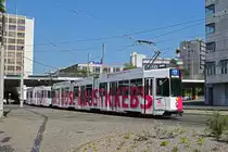 Doppeltraktion, mit dem Be 4/8 215 und dem Be 4/6 258 mit der Werbung zur Früherkennung von Brustkrebs, auf der Linie 17, fährt zur Haltestelle ZOO Basel. Die Aufnahme stammt vom 16.05.2020.
