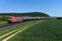 Der Stern der ersten in Großserie gebauten Drehstromlok der Deutschen Bundesbahn ist inzwischen arg im Sinken begriffen. Die ersten Exemplare finden bereits ihr Ausgedinge bei privaten Eisenbahnunternehmen. So auch die 120 145, die von der WRS Widmer Rail Services erworben wurde und die nun im Güterverkehr eingesetzt wird. Gelegentlich verschlägt es diese als Universallok konzipierte, aber primär einst im hochwertigen Reisezugverkehr eingesetzte Maschine auch nach Bayern. So z.B. am 17. Mai 2020, als sie den Kesselwagenzug DGS 95141 von Ingolstadt nach Singen bespannte. Am Zugschluss lief noch die Hupac 182 602 mit. Kurz hinter Treuchtlingen konnte ich die interessante Leistung aufnehmen. 