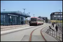 VT 506 der NEG ist hier am 29.05.2020 um 13.29 Uhr im Endbahnhof Dagebüll Mole angekommen und steht für die Rückfahrt nach Niebüll bereit.