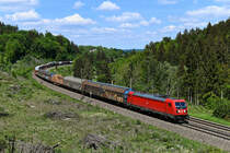 Genau an der Grenze zwischen Mittelfranken und Schwaben befindet sich diese schöne Fotostelle bei Gundelsheim. Am 21. Mai 2020 konnte ich dort die 187 134 mit dem EZ 51187 von Seelze Mitte nach München Nord Rbf fotografieren. Das Ladegut zeigt, dass nach dem Shutdown die Automobilproduktion wieder aufgenommen wurde.