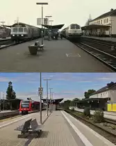 Der Bahnhof Euskirchen Ende der 1980er Jahre und am 04.07.2020: Auf der oberen Aufnahme repräsentieren nicht nur die beige-türkise 215 043-1 und der Karlsruher Steuerwagen, sondern auch die Bahnhofsgestaltung die klassische Epoche IV, während er sich auf dem unteren Bild im modernen Outfit der Epoche VI zeigt. Dazu passt der 620 010, der Euskirchen in Richtung Meckenheim verlässt.