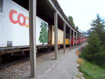  GmP  (G�terzug mit Personenbef�rderung) f�hrt am 11.07.2007 von Osprizia Bernina kommend in den Bahnhof Alp Gr�m ein. Die Aufnahme wurde von  erlaubten Gel�nde  gemacht, an der Gallerie f�hrt ein markierter Wandersteg zum Bahnhof entlang.