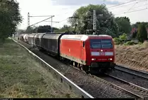 Kurzer gemischter Gz mit 145 032-9 DB, mit der Anzeige  Probefahrt , fährt in Zscherben, Angersdorfer Straße, auf der Bahnstrecke Halle–Hann. Münden (KBS 590) Richtung Halle (Saale).
[26.6.2020 | 19:19 Uhr]