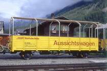 RhB - B� 2094 am 06.06.1992 in Bever - 2. Klasse offener Aussichtswagen 2-achsig, 1 offenen Plattform - Baujahr 1926 �bernahme 27.05.1986 - SIG/RhB - Gewicht 6,00t - Sitzpl�tze 40 - L�P 9,34m - zul�ssige Geschwindigkeit 60 km/h - �2=20.02.1992 - RhB - Logo in deutsch, mit Anschriftenfeld, ohne Kennzeichnung an den Ecken - Griffstangen unten schwarz -  Lebenslauf: ex BB L 384 - 1943 RhB L 6066 - 1969 Ek 6066 - 27.05.1986 B� 2094.
