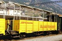 RhB - B� 2095 am 24.08.1989 in Samedan - 2. Klasse offener Aussichtswagen 2-achsig, 1 offenen Plattform - Baujahr 1926 �bernahme 27.05.1986 - SIG/RhB - Gewicht 6,00t - Sitzpl�tze 40 - L�P 9,34m - zul�ssige Geschwindigkeit 60 km/h - RhB - Logo in deutsch, ohne Anschriftenfeld, ohne Kennzeichnung an den Ecken - Griffstangen unten schwarz - noch ohne Lenkachsen -  Lebenslauf: ex BB L 385 - 1943 RhB L 6065 - 1969 Ek 6065 - 27.05.1986 B� 2095.
