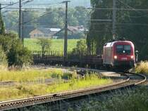 gegenlichtige Aufnahme eines G�terzuges mit 1116 223 als Triebfahrzeug, der gerade die Station Schlierbach passiert (15.7.2007)