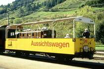 RhB - B� 2096 am 09.09.1994 in Scuol - 2. Klasse offener Aussichtswagen 2-achsig mit Lenkachsen, 1 offenen Plattform - Baujahr 1911 �bernahme 29.05.1990 - SWS/RhB - Gewicht 7,00t - Sitzpl�tze 44 - L�P 10,91m - zul�ssige Geschwindigkeit 60 km/h - �3=29.05.1990 - RhB - Logo in deutsch, mit Anschriftenfeld, mit Kennzeichnung an den Ecken - Lebenslauf: ex F 4030 - 1964 D� 4030 - 11/1989 ausr - 29.05.1990 B� 2096
