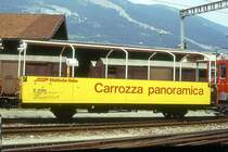 RhB - B� 2096 am 19.08.1996 in Chur - 2. Klasse offener Aussichtswagen 2-achsig mit Lenkachsen, 1 offenen Plattform - Baujahr 1911 �bernahme 29.05.1990 - SWS/RhB - Gewicht 7,00t - Sitzpl�tze 44 - L�P 10,91m - zul�ssige Geschwindigkeit 60 km/h - �3=29.05.1990 - RhB - Logo in deutsch und Panoramawagen in italienisch, mit Anschriftenfeld, mit Kennzeichnung an den Ecken - Lebenslauf: ex F 4030 - 1964 D� 4030 - 11/1989 ausr - 29.05.1990 B� 2096
