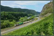 Unterhalb der Burgruine Hammerstein nahe Leutesdorf zieht die Railpool-Mietlok 186 457-8 einen Containerzug rheinaufwärts. (24.07.2020)