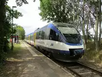 Beim Bauernmarkt in Schmachtenhagen pausierte der NEB VT 734 am 25.Juli 2020.