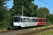 Die Bonner 7573 (SSB) und 7463 (SWB) als Linie 18 auf der Vorgebirgsbahn am 31.07.2020.
