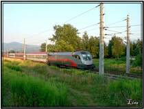Railjet 1016 035 Spirit of Linz mit Zug EC 631 Alpen Adria Universit�t zwischen Zeltweg und Judenburg fotografiert von meiner Tochter Lisa (5 1/2 Jahre)
Es ist das gleiche Foto wie meines (121298) nur halt einen meter tiefer gemacht ;-) 20.07.2007 
