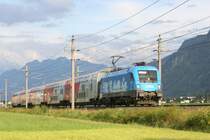 1016 023-2 (Kyoto) mit R5656 bei Schlins
Au�erplanm�ssig, auf Grund der Gymnastrada in Dornbirn (Vbg), wurde vom 8.- bis zum 14.Juli 2007 viele R/Rex mit Doppelstockgarnituren gebildet.
