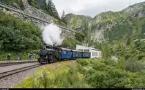 Dampfbahn-Fest bei der DFB in Gletsch am 22./23. August 2020.<br>
DFB HG 3/4 9 erreicht am 22. August mit dem blauen Zug Gletsch.